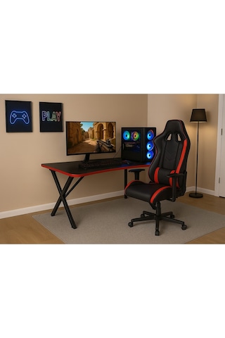 X Metal Ayaklı Oyuncu Masası Gamer Masa Siyah-kırmızı