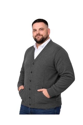 Battalmoda Erkek Büyük Beden Füme Cepli Düğmeli Triko Hırka 3xl-4xl-5xl-6xl
