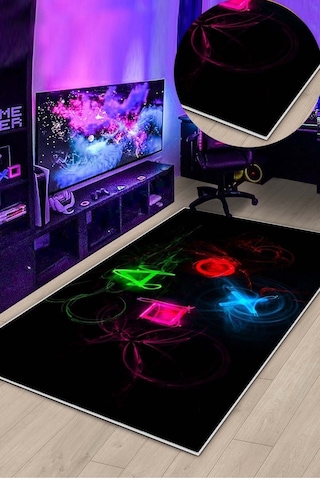 West Home Gamer Halısı Yıkanabilir Kaymaz Taban Led Işık Görselli Genç Odası Için Oyuncu Halısı Wh 542 Black