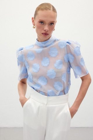 Sateen Organze Kısa Kol Bluz - Mavi-136324 Mavi