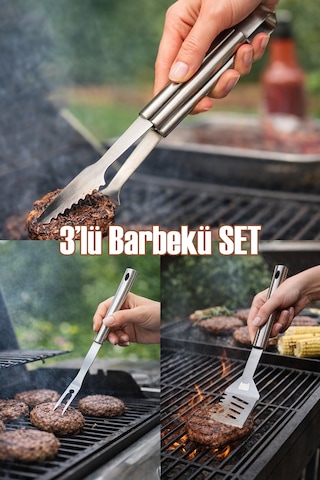 Porsima Kj-1007 3 Parça Paslanmaz Çelik Maşa-spatula-çatal Barbekü Seti