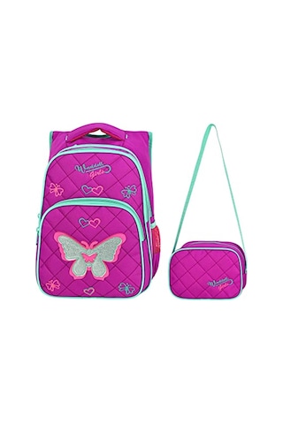 WADDELL Lisansı Fuşya Kelebek Desenli Ilkokul Sırt Çantası Ve Beslenme Çantası, Çok Renkli