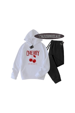 Tarzsokak Beyaz Kapşonlu Cherry Detaylı İkili Takım