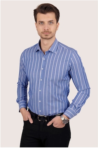 Erkek Mavi Beyaz Çizgili Slimfit Kutulu Gömlek Mavi