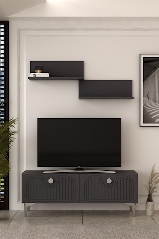 120dhdtür3ba 120 Cm Hera Lazer Desenli Raflı Tv Sehpası,ünitesi Antrasit - Gümüş