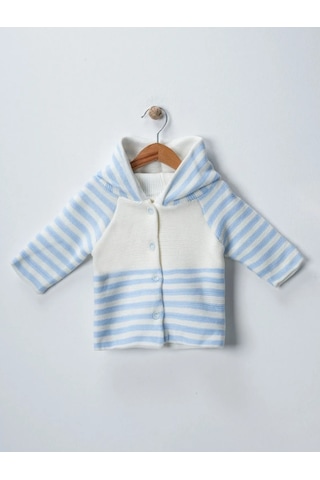 Örgü Kapşonlu Çizgili Çift Kat Hırka Gri