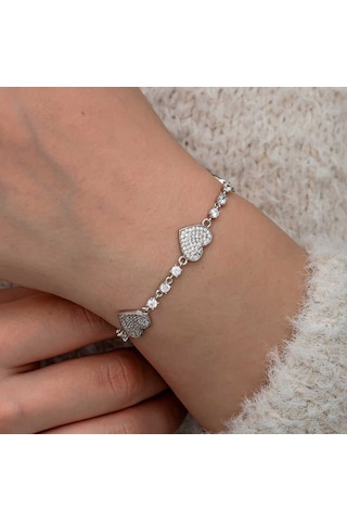 Artsmagazinmücevher Gümüş Zirkon Taşlı Sıralı Kalp Kadın Bileklik