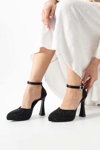 Dabab Shoes Serenya Kadın Siyah Sivri Burun 11 Cm Platform Topuklu Taşlı Bilekten Bantlı Abiye Ayakkabı