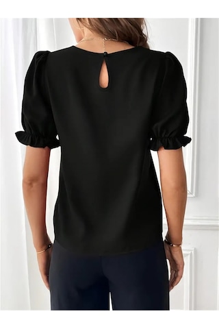 Pazarella Kadın Kısa Kollu Bisiklet Yaka Kolları Gipeli Ithal Krep Bluz Siyah