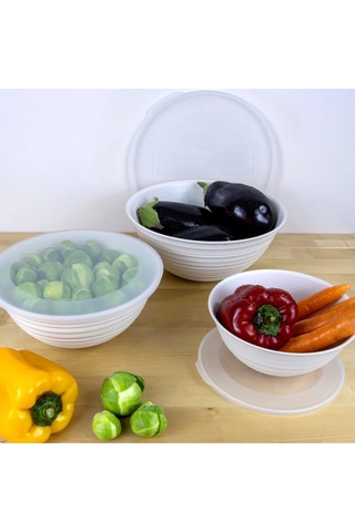 Ceronni Galaksi Desenli Kapaklı Kase 3lü Set 3lt 2lt 1lt Beyaz Beyaz