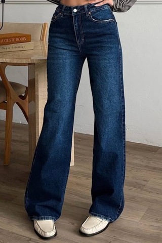 Balenbi Kadın Yüksek Bel Jean Yıkamalı Geniş Paça Palazzo Kot Pantolon 1239 - Premium Seri Koyu Mavi 2345