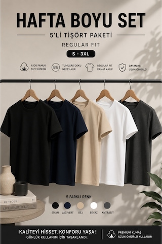 Masion Rae Erkek 5'li Basic Tişört Seti Regular Fit Bisiklet Yaka %100 Pamuk 30/1 Süprem Siyah-beyaz-lacivert-antrasit-bej