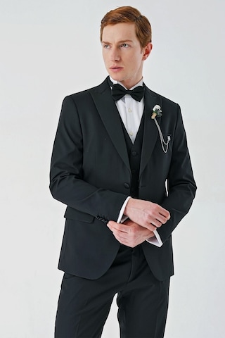 İmza Siyah Çıkarılabilir Kırlangıç Yaka Yelekli Likralı 6 Drop Slim Fit Smokin Damatlık 1001240200-Siyah