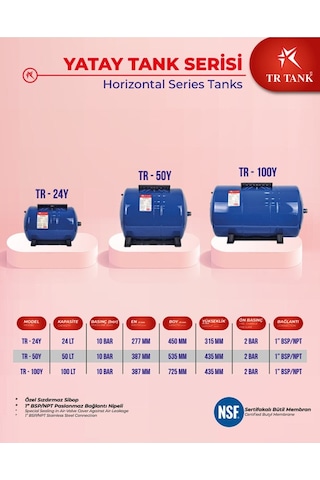 Sumarkt Trtank Profesyonel 50 Litre Yatay Ayaklı Nsf Membranlı Hidrofor Genleşme Tankı