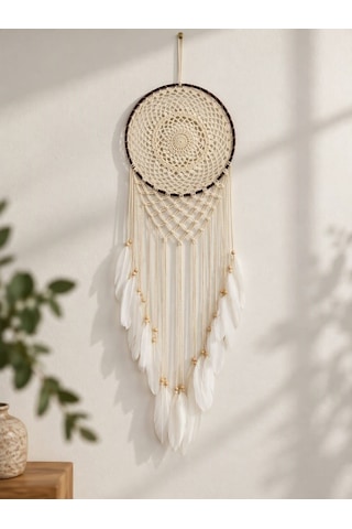 Motifli Düş Kapanı Rüya Kapanı Dream Catcher Beyaz Tüylü Bohem Duvar Süsü Bohem El Yapımı Düş Kapanı