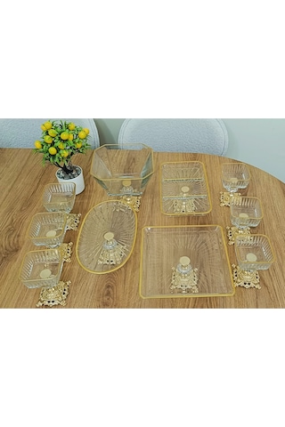 Elta Collection 10 Parca Gold Metal Ayaklı Pasta - Salata - Tatlı - Kase Ve Servis Sunum Seti Gold