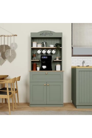Lucas 2 Kapaklı Çekmeceli Kahve Köşesi Ve Çok Amaçlı Mutfak Dolabı - Açık Ceviz & Yeşil Yeşil