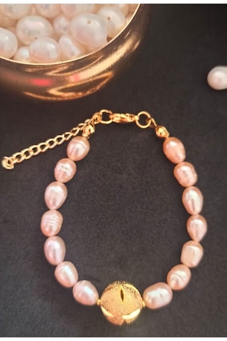 24k Altın Kaplama Gerçek I Nci Küre Somon Tasarım Bileklik Beyaz