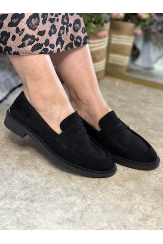 Günlük Kadın Düz Loafer Klasik Desenli Taban Zincirli Oval Burunlu Makosen Sade Şık Ayakkabı 130 Siyah- Süet