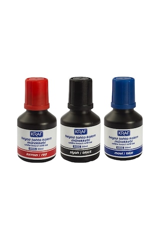 Kraf Beyaz Tahta Kalem Mürekkebi 3'Lü Set Siyah/Kırmızı/Mavi 30Ml