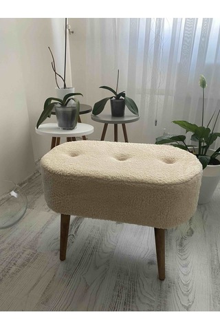 Gürgen Ahşap Ayak Welsoft Kumaş Oval Pufidik Puf Bench Tabure Sandalye Krem