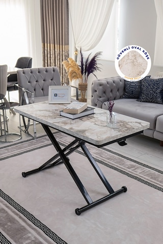 Home Üst Tabla Mdf Beyaz Mermer Oval Köşe Alt Ayak Siyah