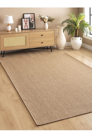 Sisal Jut Hasır Model Tek Renk Dokuma Yıkanabilir Toz Vermez Halı Krem Kahve