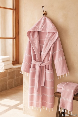 Kapüşonlu Kadın / Erkek Peştemal Bornoz Soft %100 Pamuklu Natural Pembe