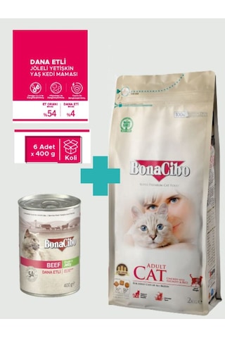 Bonacibo Yetişkin Tavuklu Kuru Mama 2 Kg & Sığır Etli Soslu Konserve Seti 6x400 Gr