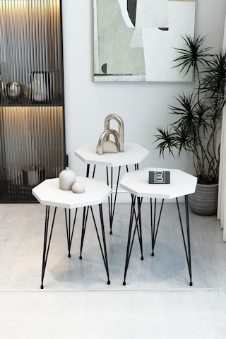 3'lü Sekizgen Zigon Sehpa Ve Dikdörtgen Orta Sehpa Takımı Modern Siyah Metal Ayaklı Salon Sehpa Seti Beyaz