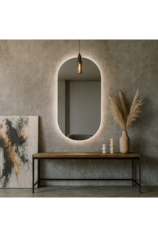 65x116 Cm Modern Oval Led Banyo Aynası Dokunmatik, Dim Edilebilir, 3000k Günışığı Sarı