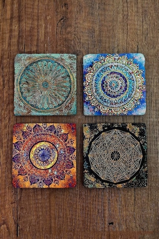 Doğal Taş Bardak Altlığı Uv Baskılı 4'lü Set - Mandala Yaşam Çiçeği Sri Yantra - Stone Coasters Çok Renkli