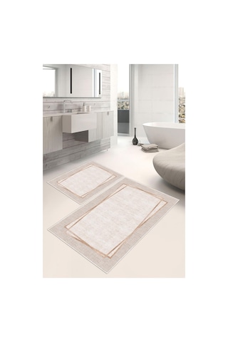 Dijital Baskı Çerçeveli Kaymaz Taban 2li Set Banyo Paspası Klozet Takımı 50x60cm-60x100cm Bej