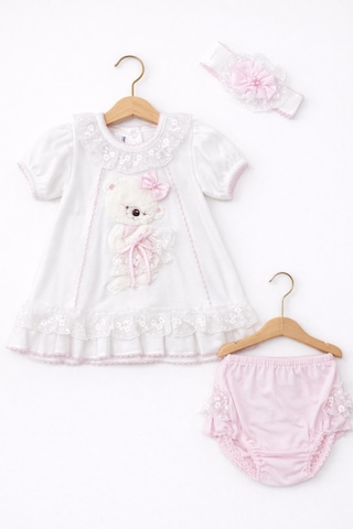 Kardeşler Bebe Dantelli Ayıcıklı Kız Bebek Elbise Takım Saç Bantlı 3 Lü Set Beyaz-pembe
