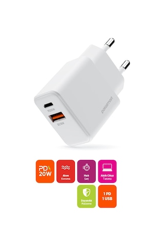 Polosmart Psm136 20w Pd + 18w Usb Hızlı Şarj Cihazı Çift Port Akıllı Tanıma Duvar Adaptörü Beyaz