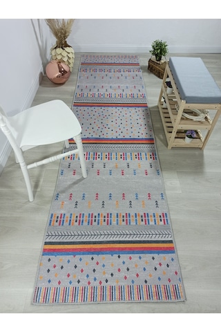 Gri Ve Çok Renkli Geometrik Desenli Modern Yolluk - Tk304ou