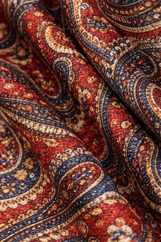 Poise Kadın Tropik Kırmızı Desenli Yazlık V Yakalı Keten Elbise Ve Polyester Krep Askılı Bordo Elbise Kırmızı