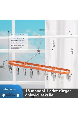Paslanmaz Çelik Çamaşır Kurutma Rafı 18 Klipsli Çamaşır Kurutma Rafı Rüzgar Geçirmez Klipsli Çamaşır Kurutma Rafı Turuncu
