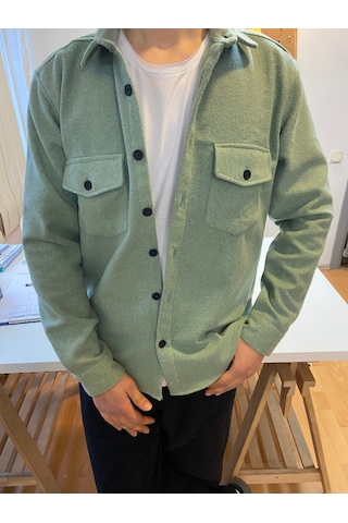 Su Yeşili Erkek Slim Fit Düğmeli Yaka Çift Cepli Düz Oduncu Gömlek Yeşil