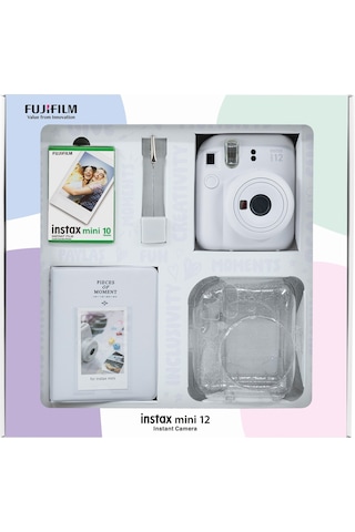 Fujifilm Instax Mini 12 Fotoğraf Makinesi + 10'lu Film + Simli Pleksi Kılıf + Pvc Albüm + Kıskaçlı Resim Standı Beyaz