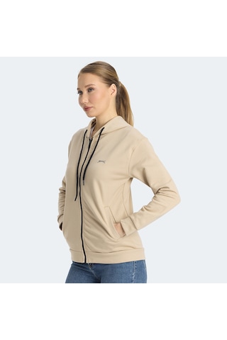 Slazenger KINET Kadın Fermuarlı Kapüşonlu Cepli Bej Sweatshirt