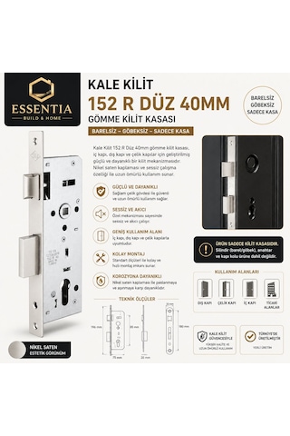Kale Kilit 152 R Düz 40 Mm Gömme Kilit Nikel Saten Sessiz Kilit Kasası Çoklu Renk