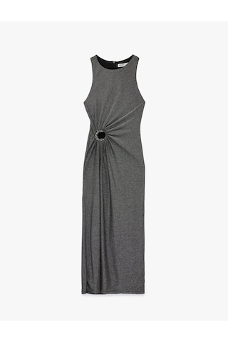 Koton Kolsuz Bisiklet Yaka Slim Fit Taş Detaylı Simli Midi Slip Elbise Siyah 6sak80066fk Siyah