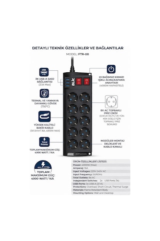 Blic Ftr-08 8 Li Akım Korumalı Priz Ve 3 Usb Girişli Çoklu Priz 2m Kablo 0.2 M