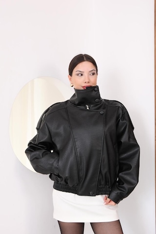 Famoda Premium Seri Dik Yaka Kruvaze Oversize Bomber Deri Ceket Siyah