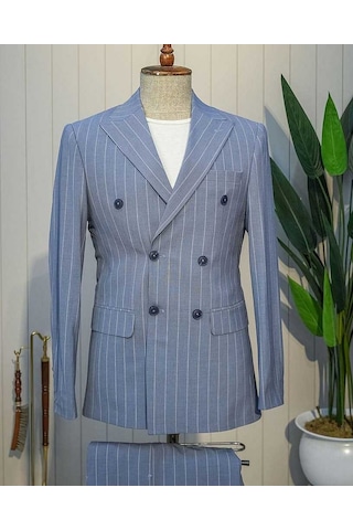 Bys Beystil Sivri Yaka Mavi Çizgili Kruvaze Takım Elbise 53151 - Slim Fit