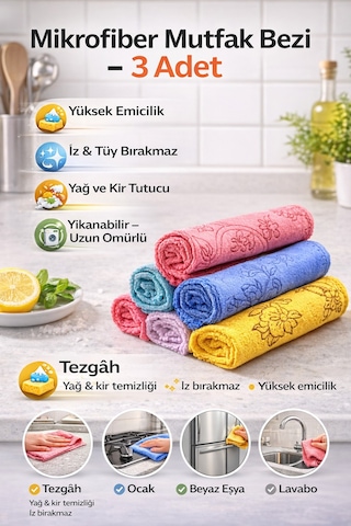 3 Adet Microfiber Çiçek Desenli Mutfak Temizlik Bezi 30 30 Leke Tutmaz Koku Yapmaz Diğer