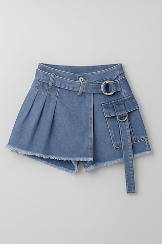 Kadın Yüksek Bel Kemerli Jean Şort Etek Açık Mavi
