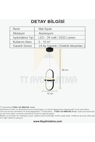 Tt006-1-Sy Tt Aydınlatma Minyon Modeli Tekli Mat Siyah Led Avize