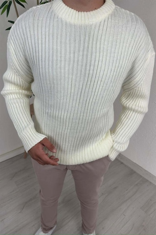 Explode - Erkek Ekru Bisiklet Yaka Oversize Triko Kazak Ekru